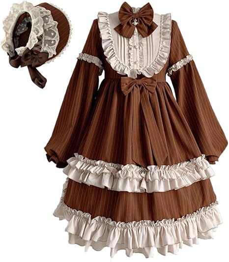 Amazon ワンピース ロリータ 長袖 ロリータ服 コスプレ 衣装 森ガール 女の子 姫 ゆめかわいい ドレス リボン フリル ボンネット クリスマス パーティー 学園祭 文化祭 イベント 写真撮影 ステージ衣装 水色 茶色 ブラウンワンピース 帽子 M コスプレ 仮装 通販
