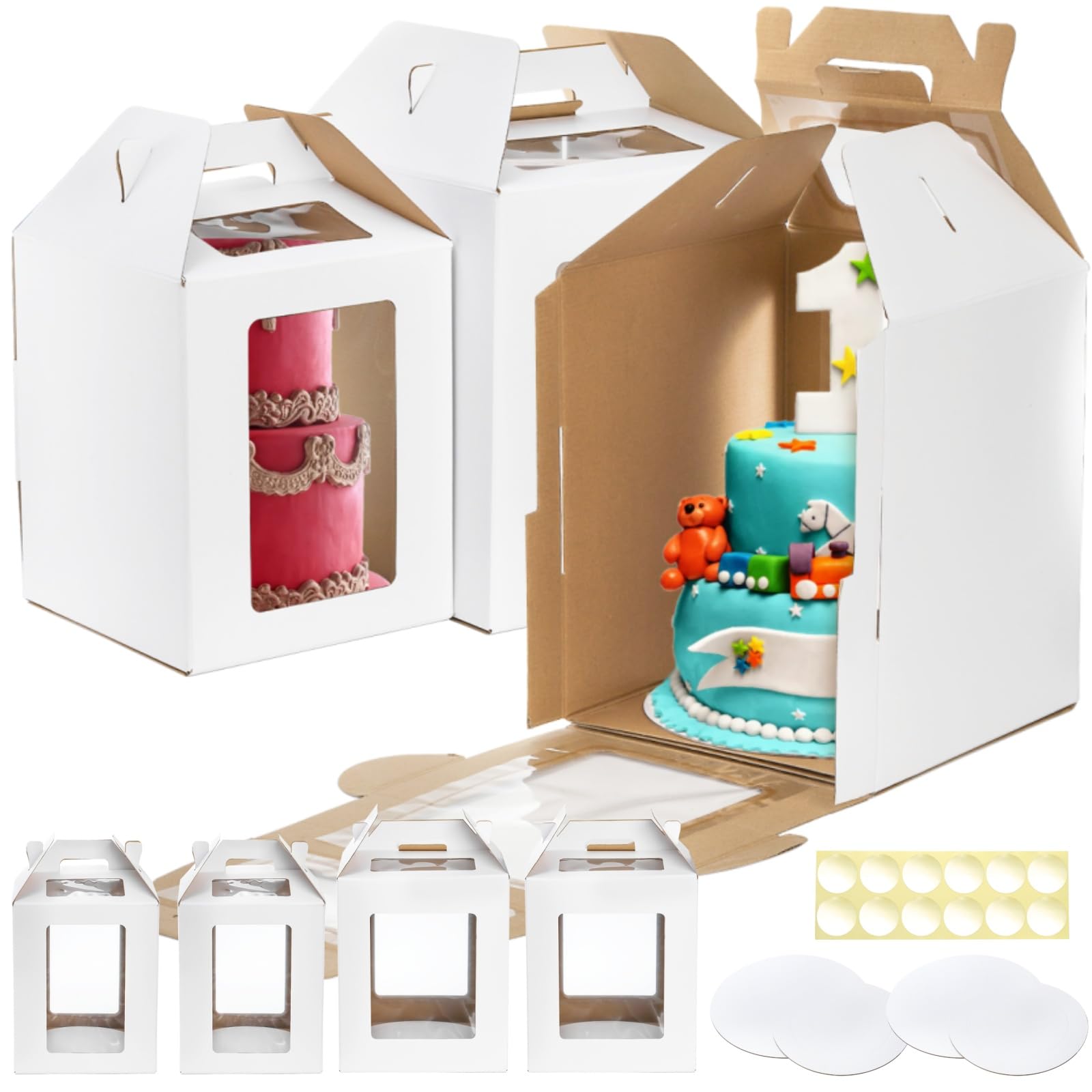 Photo 1 of Pumtus 4 Pack Tall Cake Boxes in 2 Size, 10x10x12 & 12x12x14 Inch Tiered Cakes Carrier, Large Layer Cake Box with Window, Disposable Dessert Container with Cakes Board, Bakery Box for Birthday Wedding