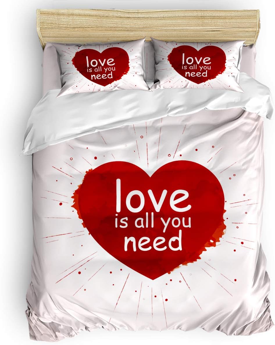 USOPHIA King Size, 4 Pieces Bed Sheets Set, Valentines Day Romantic Red Love Heart Image 3D Print Floral Duvet Cover Set