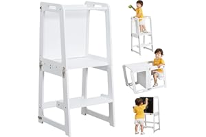 ONIRW 4-in-1 Learning Tower for Toddlers and Kids 1-6 Years, Kitchen Helper Stool with Chalkboard, Desk Table, and Chair All in One, White