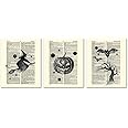 SUMGAR Vintage Dictionary Page Papers Posters Pumpkin Lantern Witch on Broom Bat Night Flight Spooky Art Prints Set of 3-8x10s