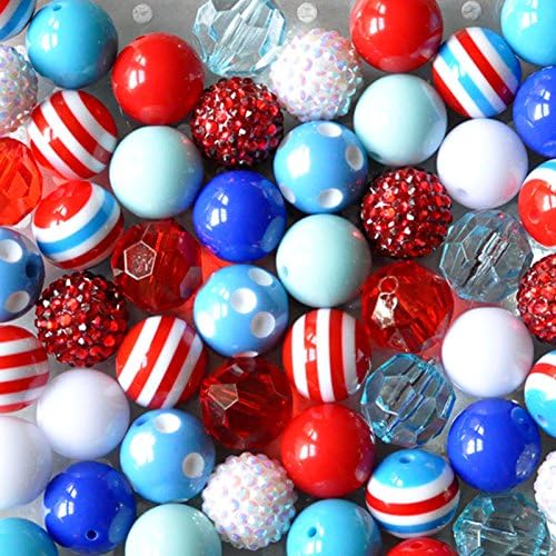 Nautical Red, White, and Blue 20mm Bubblegum Bead 50 Piece Bulk Set Jumbo Plastic Beads for Crafts and Jewelry Making