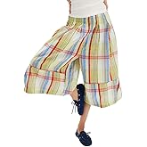 chouyatou Women's Retro Plaid Wide Leg Cropped Pants Y2k Baggy Culottes Capri Palazzo Pants with Pockets