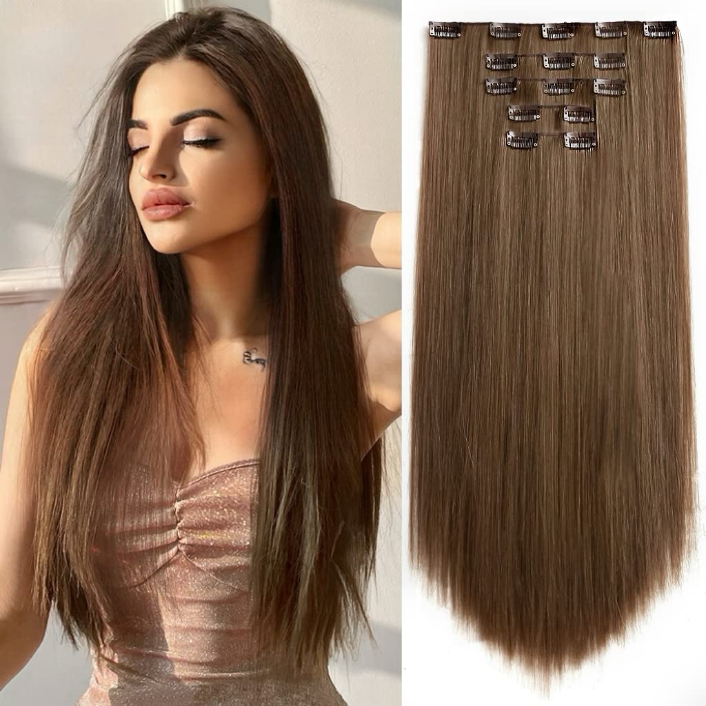 Photo 1 of StrRid Brown Clip in Hair Extensions Straight Invisible 22" Long Synthetic Thick Clips on Hairpieces for Women 5PCS Black Curly Wavy 18" Girls Blonde Red White Natural Full Head Party Daily Use 5 Oz