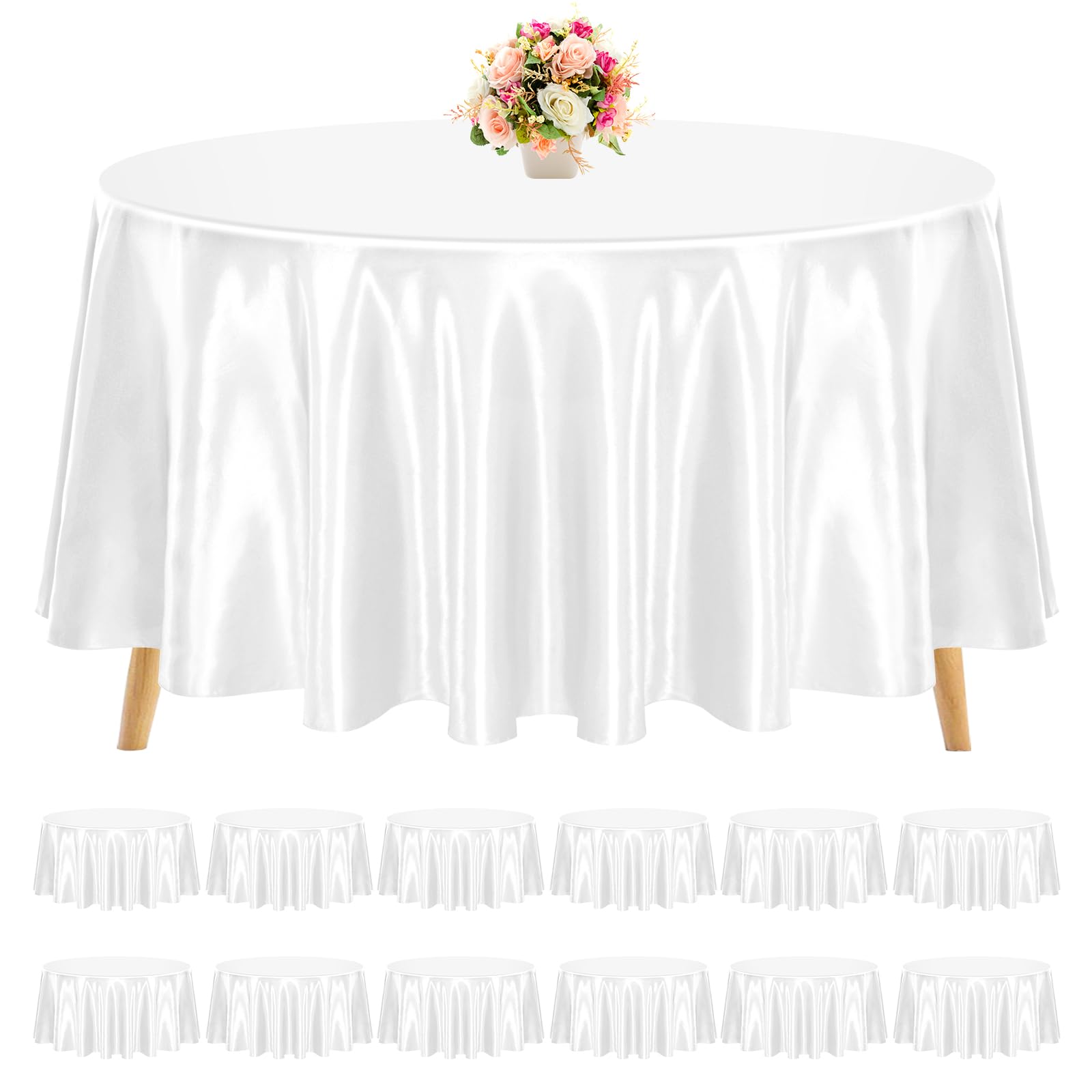 Photo 1 of REWOMC 12 Pack 90 Inch Round Tablecloth, White Satin Fabric Table Cloth for Round Table, Wrinkle Resistant Washable Table Cover Bright Silk Table Clothes for Wedding Party Dining Table Banquet