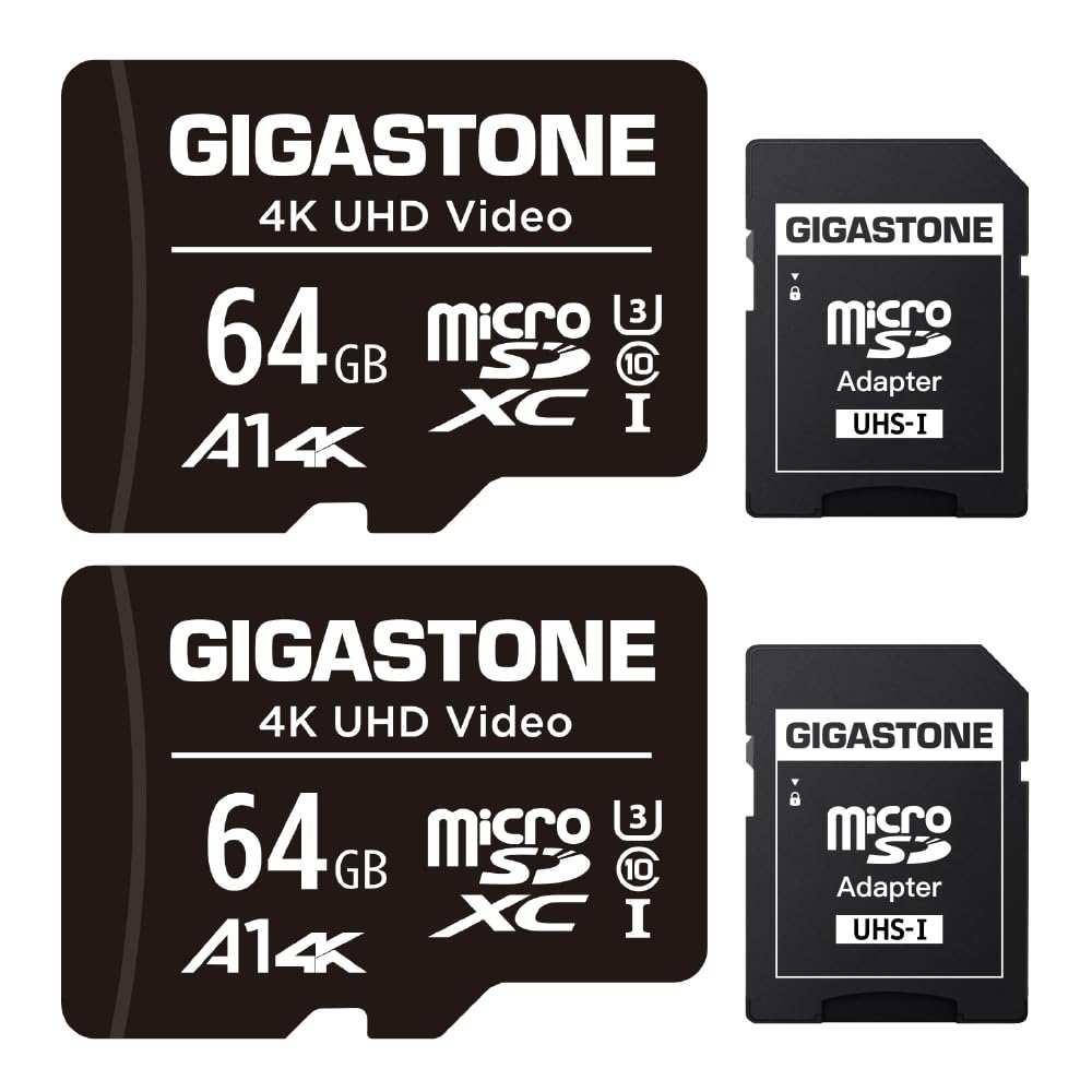 Gigastone 64GB Memory Card 2 Pack Compatible with Gopro Drone Camera Samsung Sony Tablet, High Speed for 4K UHD Video, A1 U3 C10 Micro SDXC Card with Mini Case and SD Adapter.