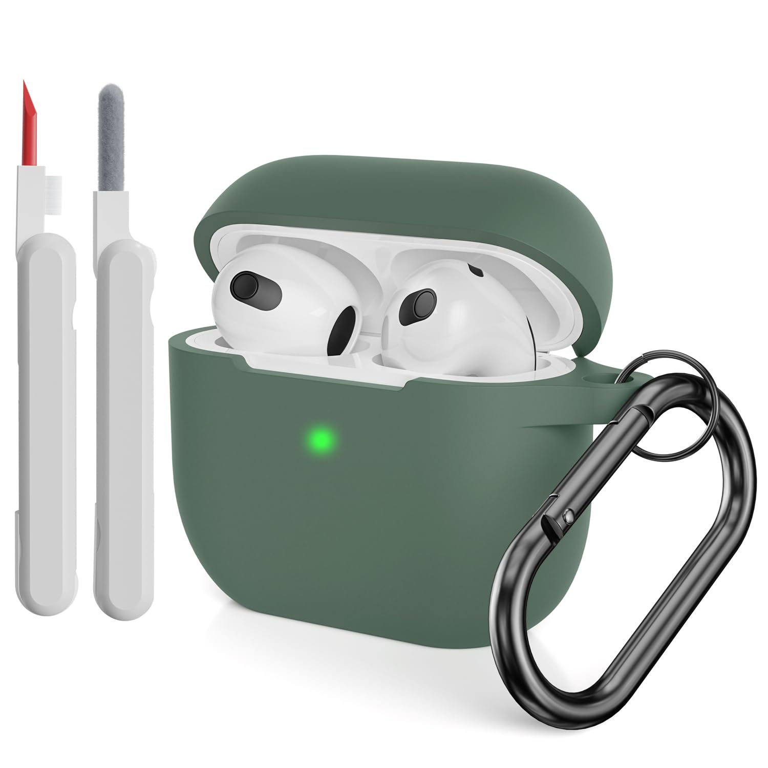 KOKOKA Case Cover Compatible with Airpods 3 with Cleaner kit, Premium Soft Silicone Skin Case Cover Shock Absorbing Protective Case for Airpods 3rd Generation with Carabiner, Deep Green