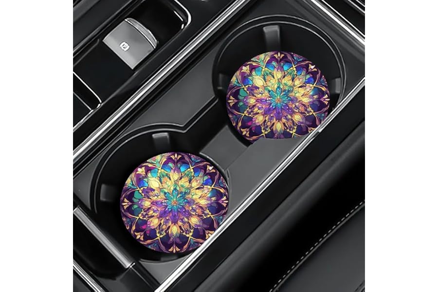 2pcs Purple Flower Car Coasters, 2.75-in Gold Mandala Car Cup Holder Coaster Mats for Car Vehicles & Home Desk, Car Interior Accessories for Women & Men