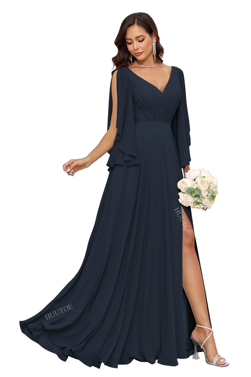 Photo 1 of HUUTOE Bat Sleeves Chiffon Mother of Bride Dress Navy Blue Long with Slit V Neck A-Line Formal Summer Wedding Guest Dresses for Women XL US14