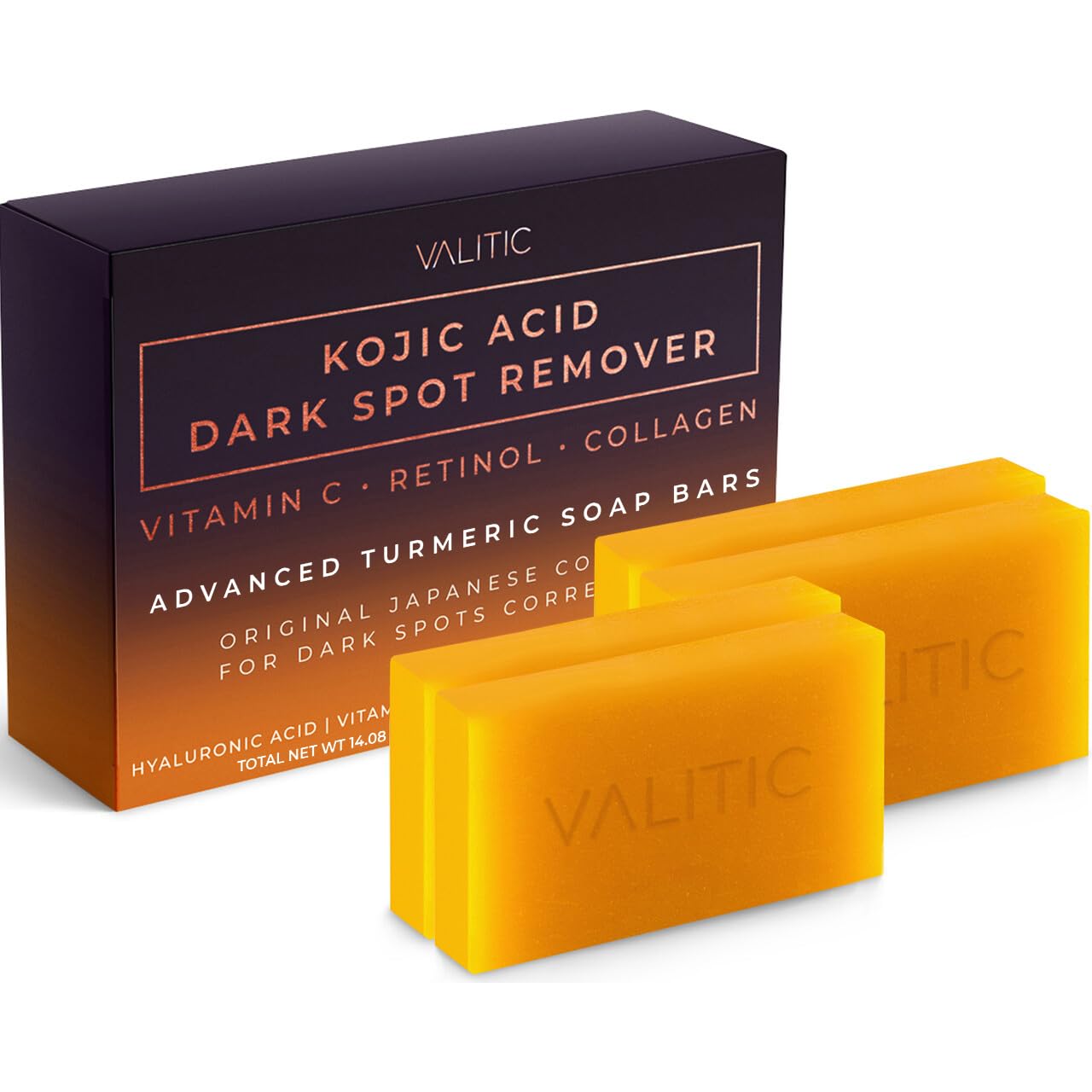 Photo 1 of VALITIC Kojic Acid Dark Spot Remover Soap Bars with Vitamin C, Retinol, Collagen, Turmeric - Original Japanese Complex Infused Hyaluronic Acid, E, Shea Butter, Castile Olive Oil (4 Pack)