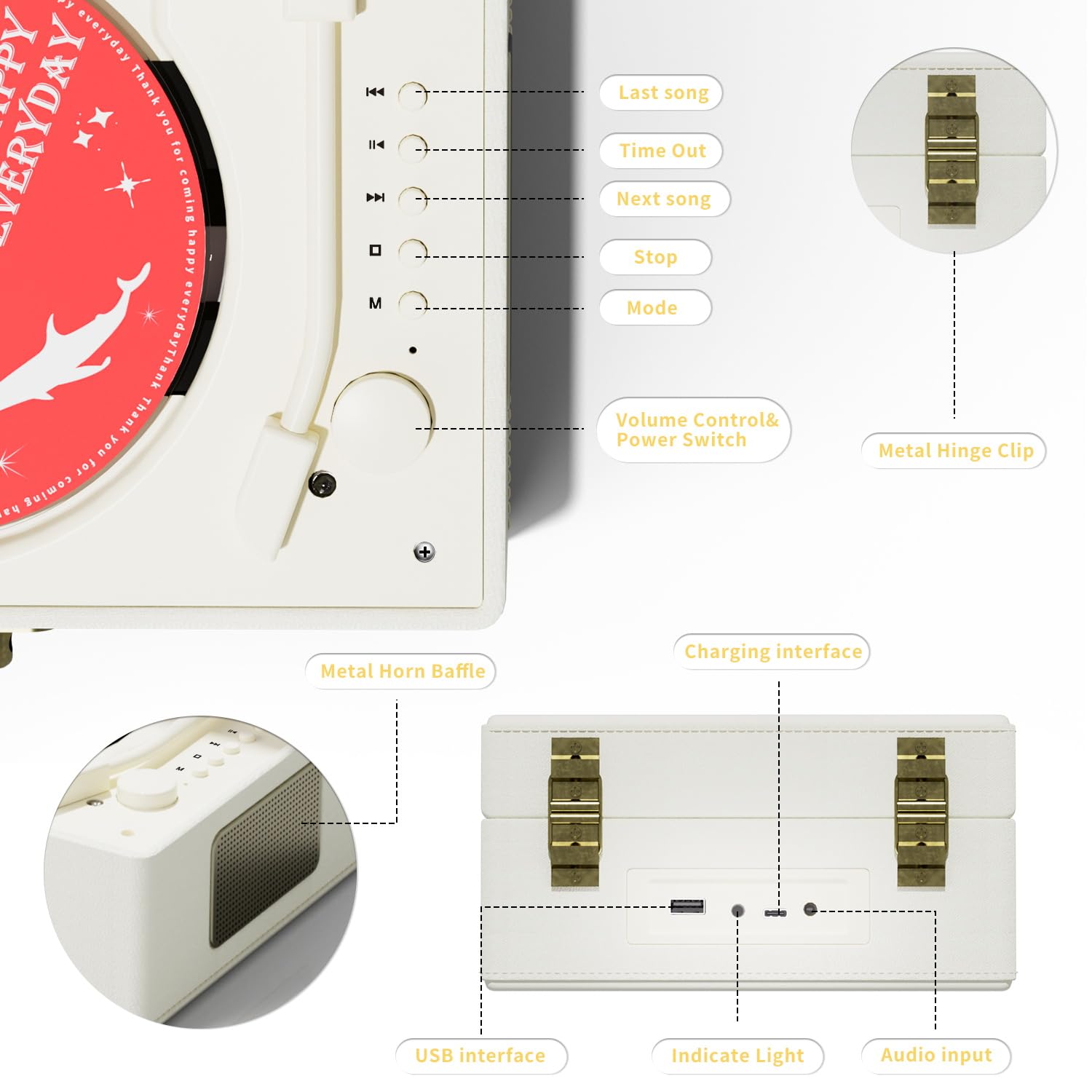 Rechargeable Leather CD Player with Speakers, Bluetooth Transmitter, Festival Gift, BGM Player for Home Decor., white