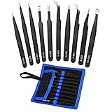 Tweezers Precision Set,Easily Life 10pcs ESD Tweezers Set, Anti Static Stainless Steel Anti Magnetic Tweezers Set with Storag