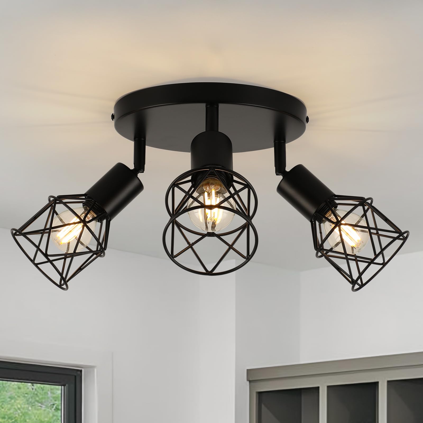 FORCOSO Ceiling Lights Spotlight, 3 Way Spot Lights 350°Adjustable, E14 Base Black Light Shade Metal Wire Cage Light Fittings, Industrial Wall Ceiling Lamp for Kitchen Living Room Hallway Bedroom