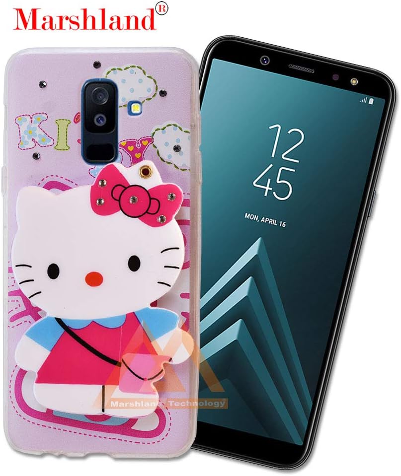 Marshland Diamond Stones and Creative Soft Silicon Rubber 3D Cartoon Hello Kitty with Makeup Mirror Back Cover for Samsung Galaxy A6 Plus/Samsung A6 Plus