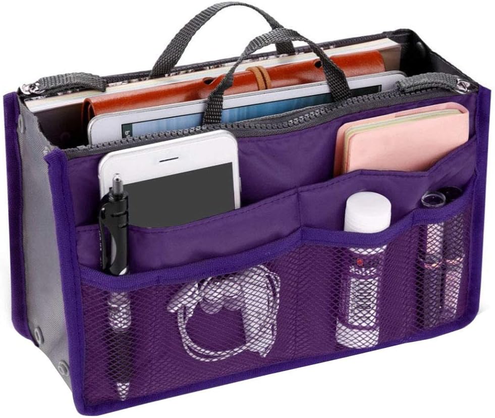 willkeywillkey Handbag Organiser Insert Expandable Liner Bag Pouch Zipper Closure Tote Organiser Diaper Bag Cosmetic Travel Bag Liner Pouch with Handle (Black) (Purple)