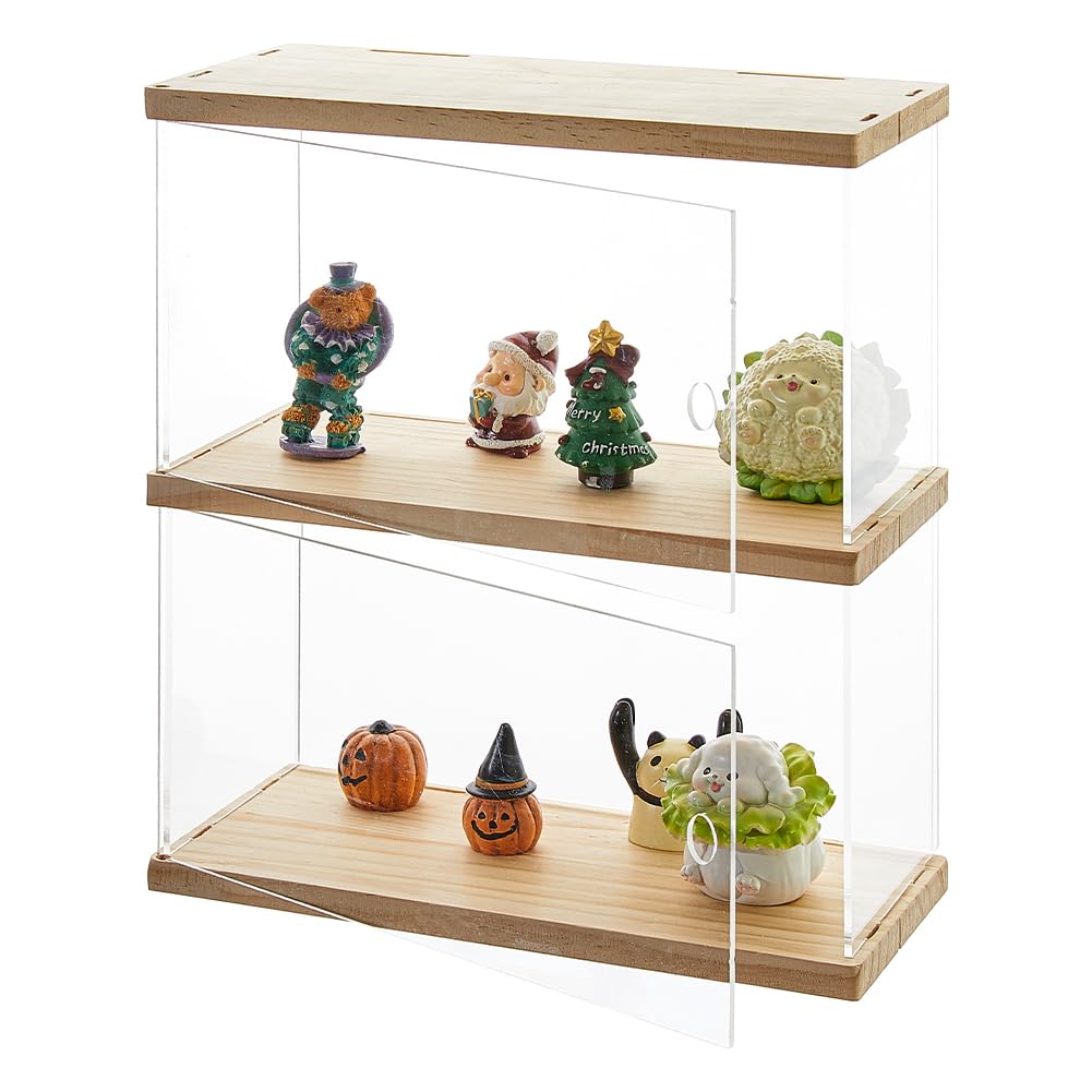 SUPERFINDINGS 2 Tier Acrylic Display Case with Wood Base Organizer Box for Collectibles Clear Wood Showcase Storage Box for Models Building Blocks Display Holder