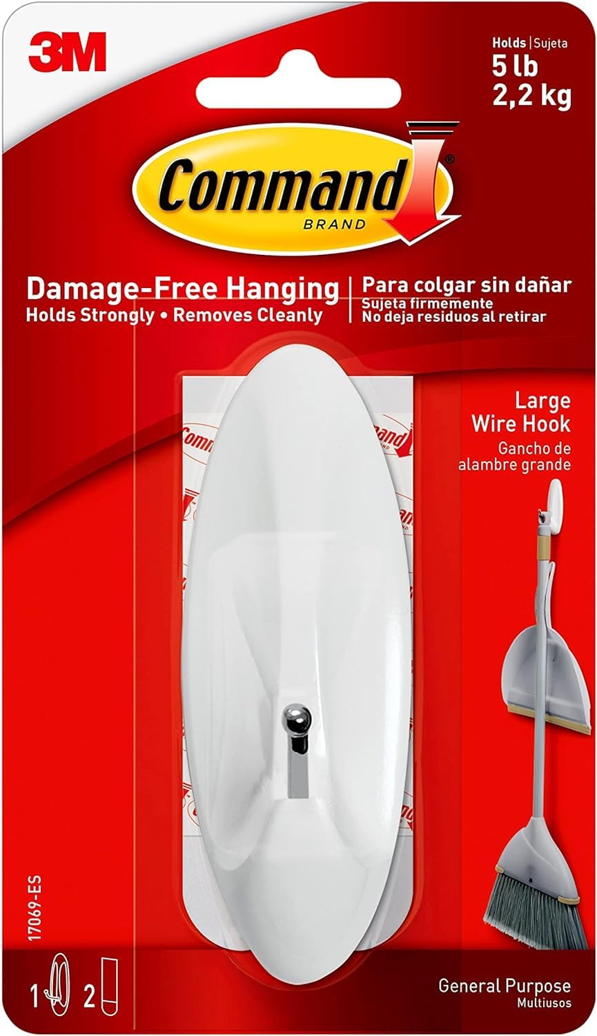 Command Large Wire Hook, White - 1 Hook and 2 Adhesive Strips - Removable and Suitable for Various Surfaces - Damage Free Hanging - Holds up to 2.2kg