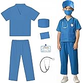 Rizuko Kids Doctor Scrub Costume,Halloween Cosplay Dress up,Nurse Scrub Set Gift for Boys and Girls 3-12Years Old 6PCS
