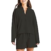 Bozanly Women's 2 Piece Outfits Casual Quarter Zip Long Sleeve Pullover and Drawstring Shorts Lounge Set(0895-Black-L)