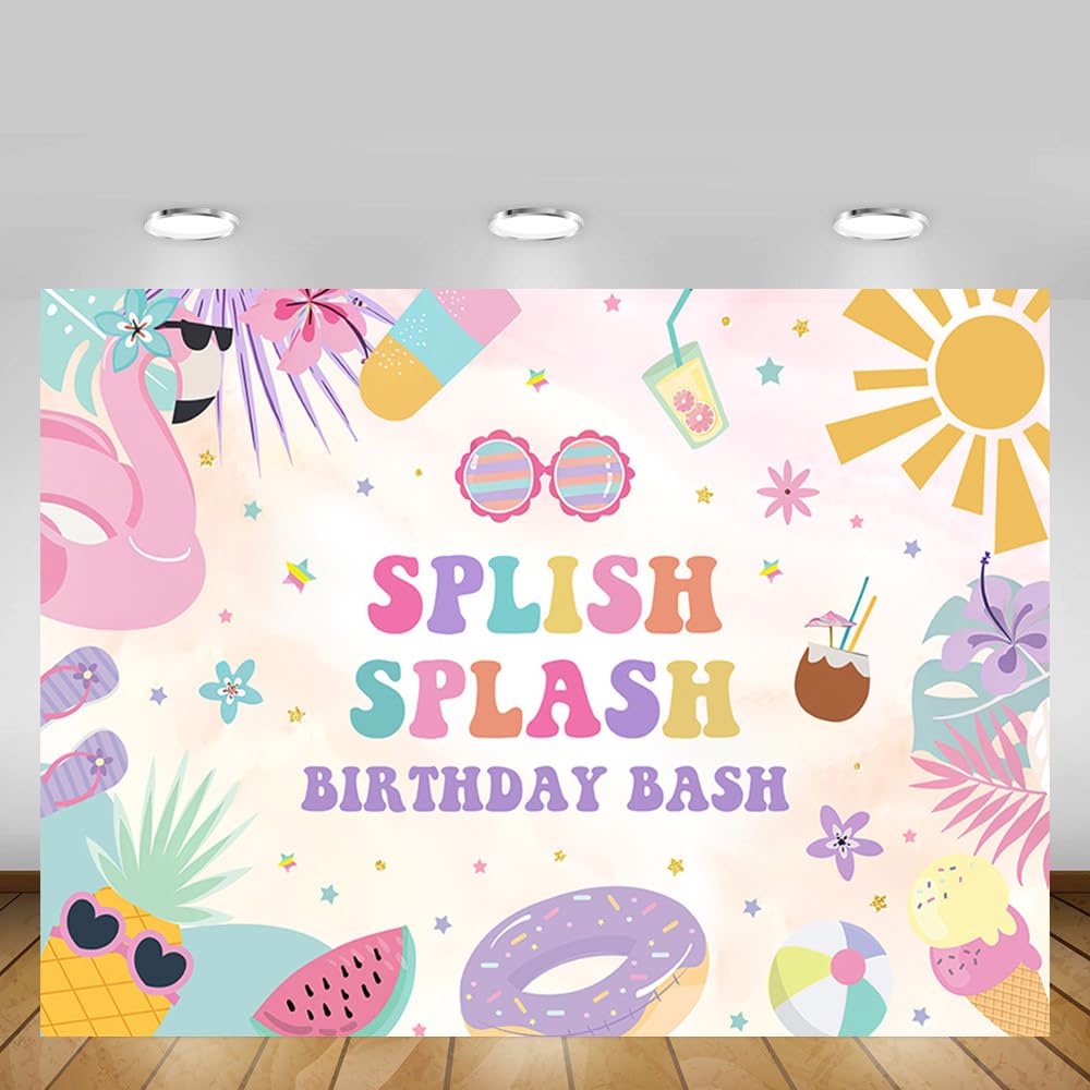 Photo 1 of MEHOFOND Tropical Splish Splash Birthday Party Backdrop Girl Splash Water Paddling Pool Summer Party Decorations Swimming Pool Birthday Party Banner Photo Booth Props 7x5ft