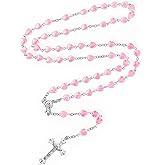 NCPLYGOU Rosary Beads Cross Necklace for Women, Catholic Rosary Necklace for Men with Crucifix, Crystal Heart Shaped Rosarios Catolicos, First Communion Christian Gifts(Colorful Pink)