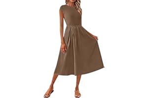 Womens Cap Sleeve Midi Dress Crew Neck Swing Flowy Long Dresses 2025 Summer Breathable Beach Empire Waist Gown