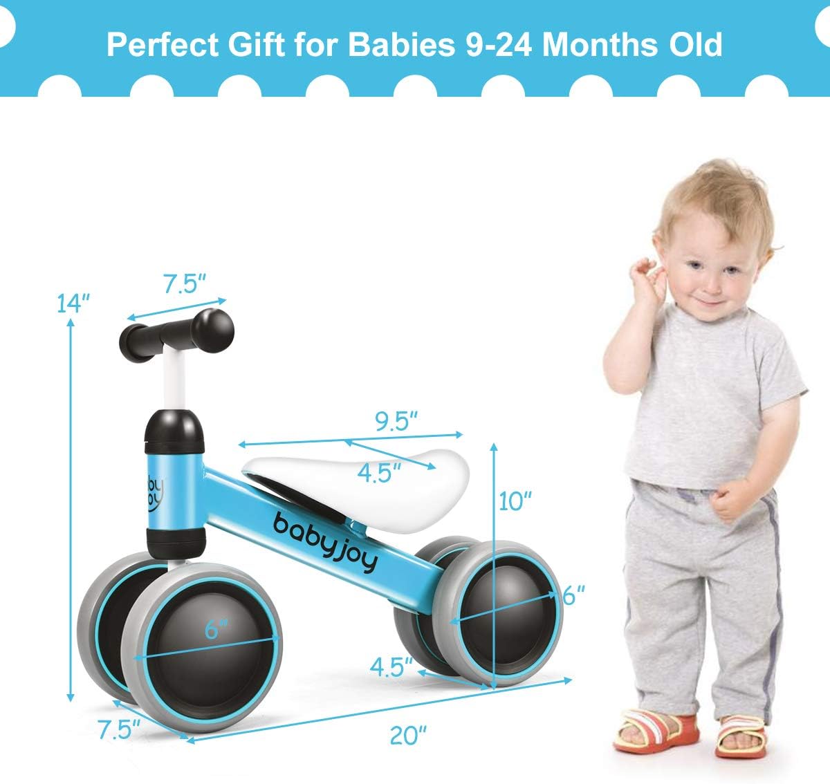 BABY JOY Baby Balance Bikes, Baby Bicycle, Children Walker Toddler Baby Ride Toys for 9-24 Months, Ride-on Toys Gifts Indoor Outdoor for 1 Year Old, No Pedal Infant 4 Wheels Bike (Blue): Toys & Games