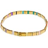 Sonateomber Tila Flat Beaded Stretch Bracelets for Women, Trendy Stackable Colorful Glass Square Beads Stack Bracelet Beach Jewelry Gift