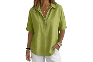 Linen Tops for Women 2026 Summer Cotton Gauze Shirts Button Down V Neck Half Sleeve Blouses Loose Fit Tunic Clothes