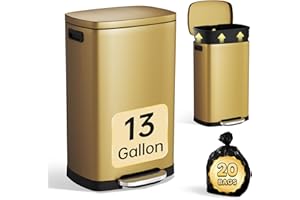 ELPHECO Kitchen Trash Can with Lid Soft Close, 13 Gallon / 50L Stainless Steel Pedal Garbage Can, Heavy-Duty Step Wastebasket with 20 Bags, Removable Bucket, Home Office, Kitchen, Titanium Gold