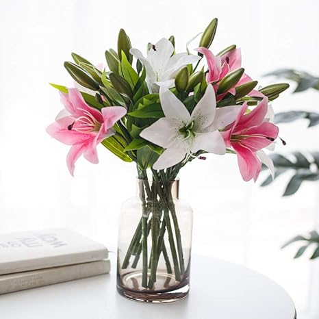Amazon 造花 ゆり 人工観葉植物 インテリア 花瓶付き アートフラワー 枯れない花 おしゃれ かわいい 母の日 プレゼント お祝い 店飾り グレー花瓶 4本ホワイトピンク4本レッドゆり 造花 オンライン通販