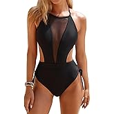 ZAFUL Swim Suits for Women 2025 One Piece Bathing Suit Halter Neck Cutout Swimsuit 1 Piece Cheeky Ladies Swimwear Black L