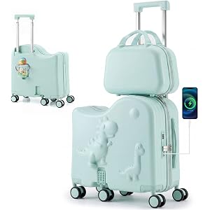 Oakvera Cute Dinosaur Ride-On Luggage Set for Kids, 20" Carry-On Suitcase with 12" Portable Bag, Hardshell Kids Luggage with