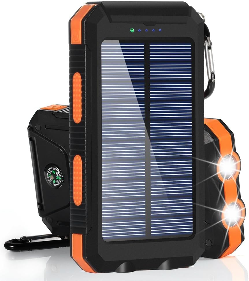 Solar Charger, BESWILL 10000MAH Solar Phone Charger Waterproof External Battery Pack Dual USB Solar Power Bank with 2 Flashlights Carabiner and Compass for Smart Devices