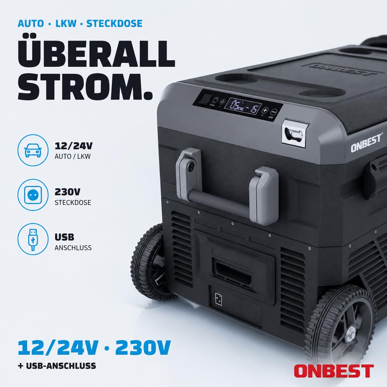 ONBEST XXL Kompressor Kühlbox – Große 40L – Elektrische Gefrierbox & Teleskophandgriff – 12V & 230V Stromanschluss – Mobile Kompressorkühlbox mit integriertem Zubehör – Autokühlboxen 4