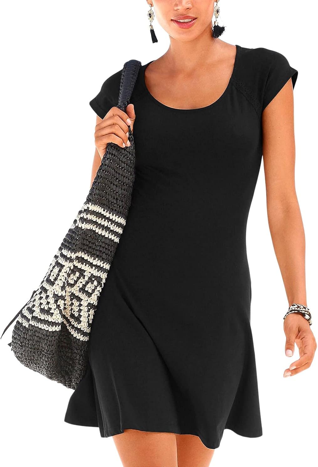 LASCANA Back Lace Panel Mini Dress, Black, Size 6 Summer