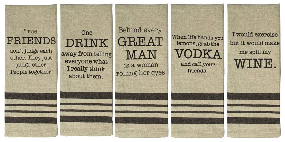 Funny Kitchen Towels, Fun Dish Towels with Wine Alcohol Drink Theme, 5 Flour Sack Towels