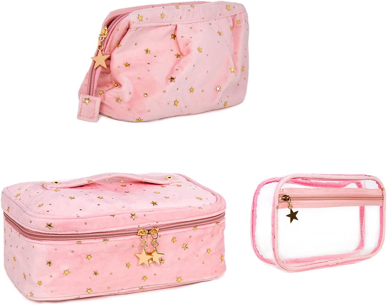 CCjinoo 3Pcs Travel Makeup Bags, Cute Pretty Travel Cosmetic Bag Makeup Organizer with Gold Star Zipper, Makeup Brush Travel Case Toiletry Bag for Women and Girls(Pink)