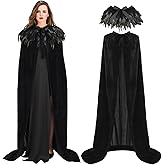 Ibeauti Black Witch Cape Full Length Velvet/Sheer Hooded Cloak Halloween Renaissance Medieval Vampire Costume