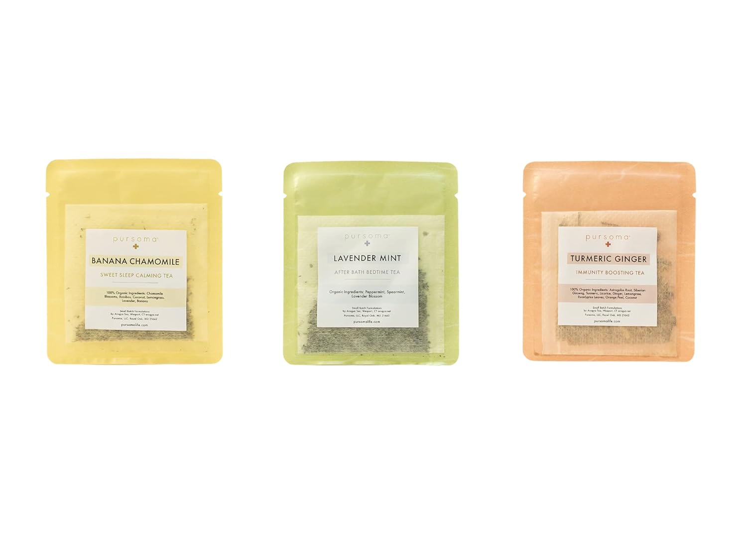 Pursoma Herbal Tea Wellness Set, 12 Pack with Lavender Mint After Bath Bedtime Tea, Banana Chamomile Sweet Sleep Calming Tea, and Turmeric Ginger Immunity Boosting Tea, 4 of Each Flavor : Beauty