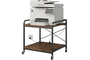 METYERRY Under Desk Printer Stand with Power Outlet Large Printer Table with Adjustable Shelf,Industrial Wheels, 20 Inches Deep 2 Tier Rolling Printer Cart for Home Office, Rustic Brown
