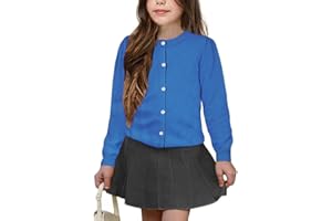 UELoop Girl‘s Crewneck Cardigan Sweater [Cute Petal Buttons] Cotton Long Sleeve Uniform Sweater for 5-14 Years Girls
