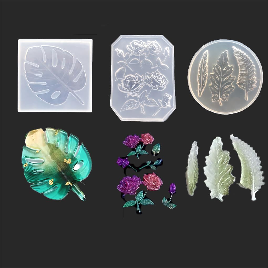 FineInno 3 pcs Plant Resin Moulds for Epoxy,Flower Casting Silicone Moulds,Palm Leaf Resin Mould,Pendent Moulds DIY Craft Jewelry Making Earring Bracelet