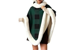 Womens Fleece Poncho Pullover Cozy Cape with Faux Fur Trim Collar & Hem Warm Wearable Blanket Sweater for Autumn Winter