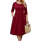 IN'VOLAND Women Plus Size 3/4 Sleeve Dresses Summer Casual Loose Flowy A-line Midi Dress with Pockets Vacation Boho Sundress