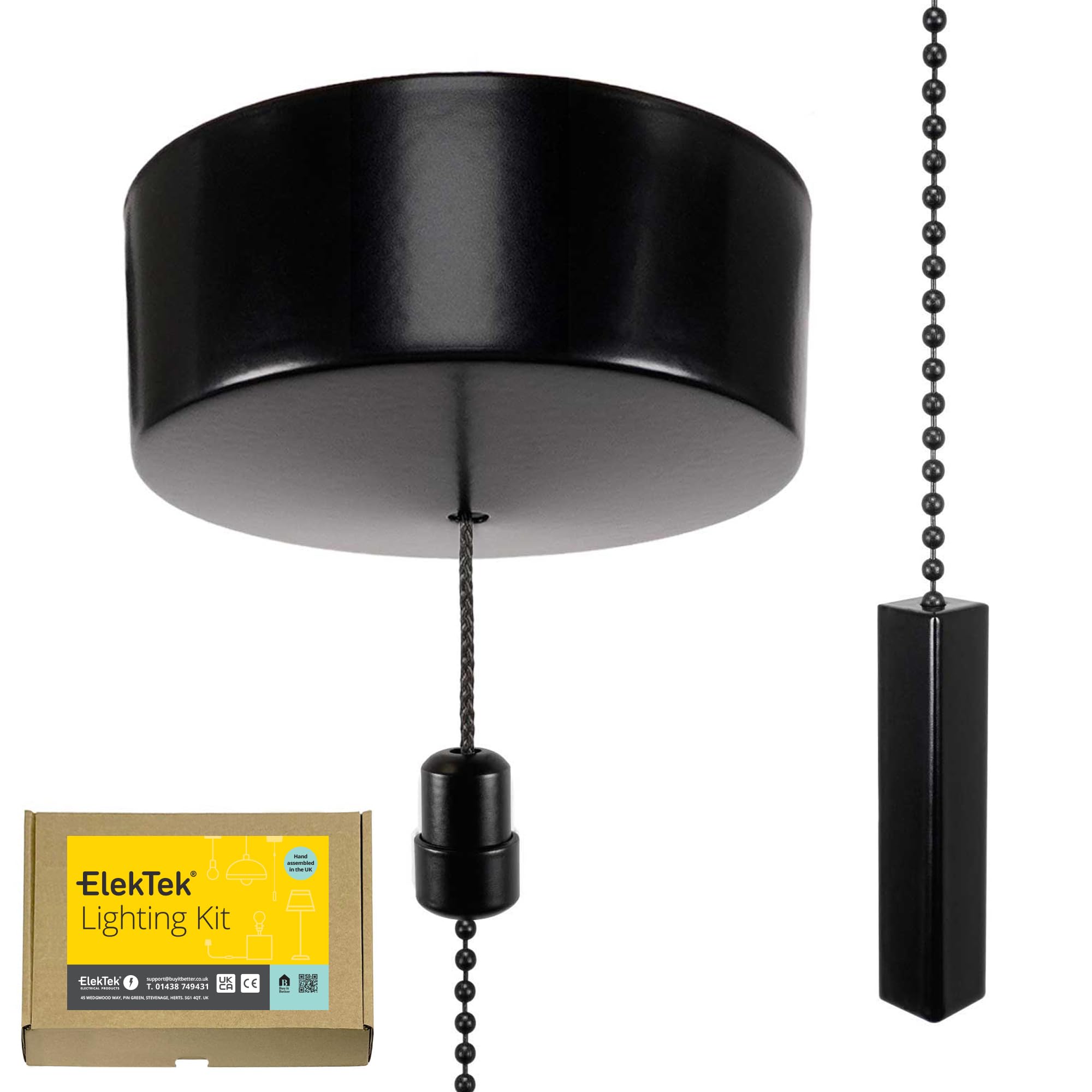 ElekTek UK Safety Approved Satin Black Bathroom Light Pull Switch Kit Square Bar & Black Chain, EN 60669-1 & CE Mark, Earth Terminal, 6A 250V, 1 or 2 Way use, Full Wiring Instructions