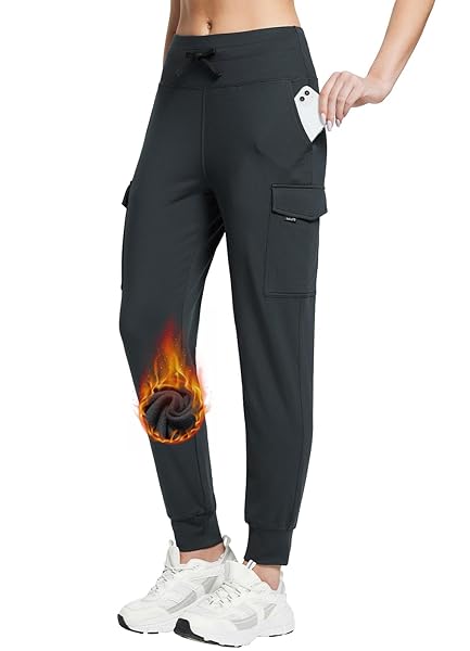 BALEAF WOMEN’S FLEECE LINED JOGGER PANTS HIKING WATER RESISTANT THERMAL HIGH WAIST CARGO POCKETS TRAVEL WINTER DARK GRAY M