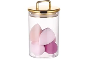 YUEJUM 24 oz Medium Acrylic Storage Apothecary Jar with Gold Airtight Lid | Bathroom Vanity Organizer Containers | Ideal Decorative Canisters for Shells, Bath Salt, Grains, Cotton Ball, Flossers