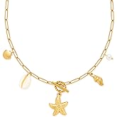 CUFELMU Gold Summer Charm Necklace for Women Starfish Seashell Necklace Beach Vacation Jewelry