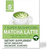 GANOHERB Mushroom Matcha Powder Latte Mix, 7.4 Ounce, 7 Superfood Mushrooms with 25% Beta-Glucans, Lions Mane, Reishi, Chaga, Coconut Powder, Ceremonial Grade Matcha Tea